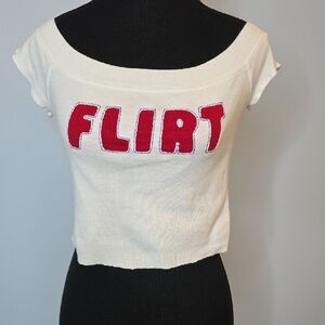 Chic Off-Shoulder Crop Top - Cream with Red 'Flirt' Design
